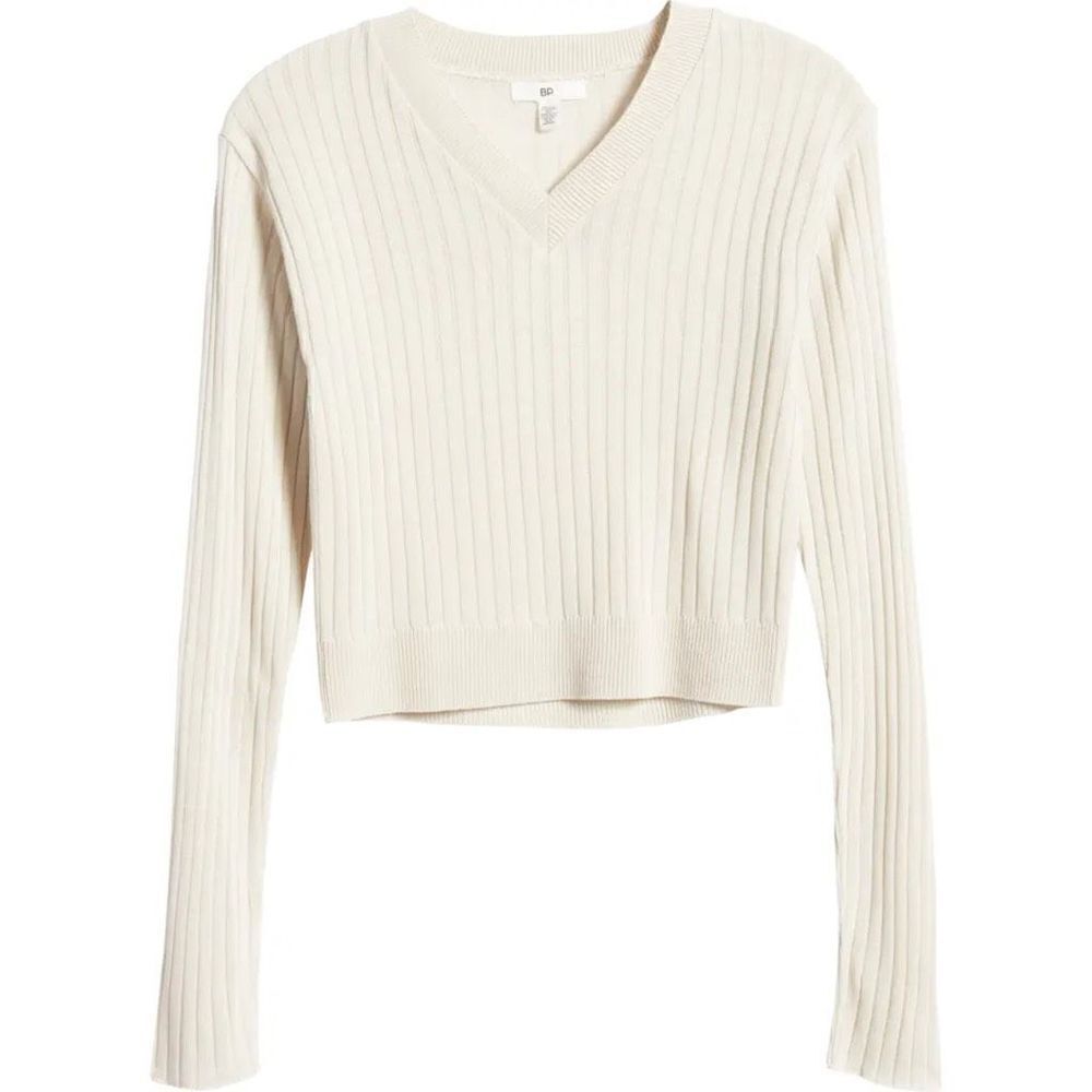 BP Reagan Rib Crop Sweater Ivory Long Sleep Form Fitting Women’s Size XXS 00